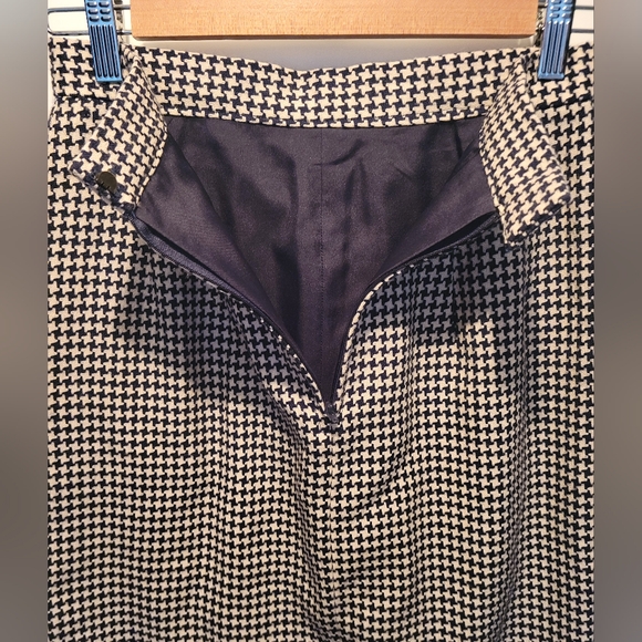 Vintage wool houndstooth handmade knit slit skirt navy ivory wool midi pencil - Picture 3 of 5